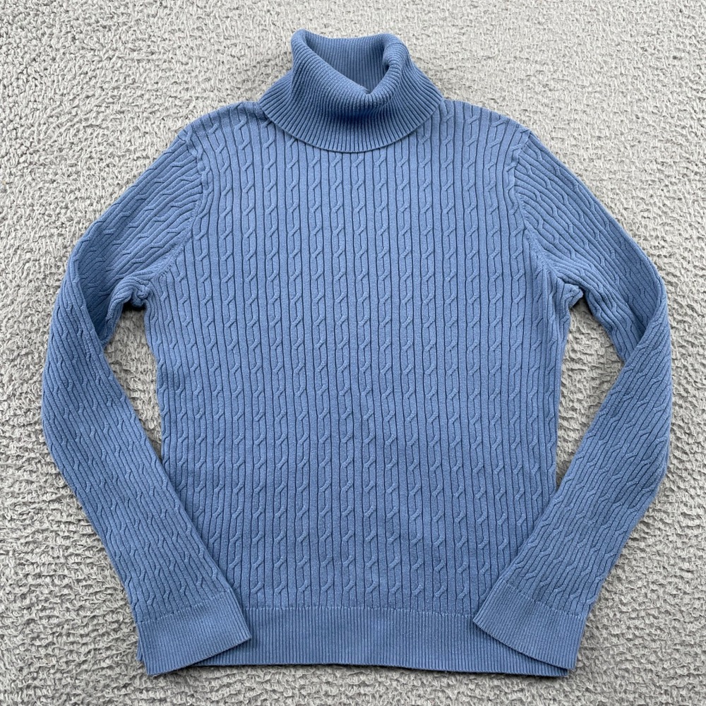 Talbots Sweater Womens Medium Blue‎ Pima Cotton Cable Knit Turtleneck Pullover